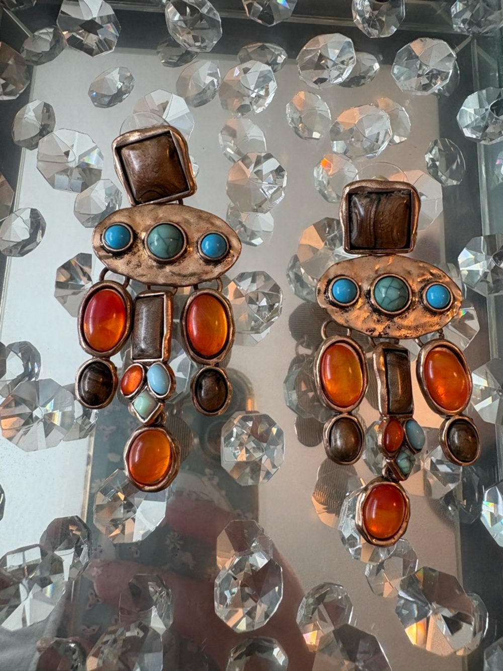 Bohemian Multi-Stone Copper Drop Earrings - Turquoise & Amber